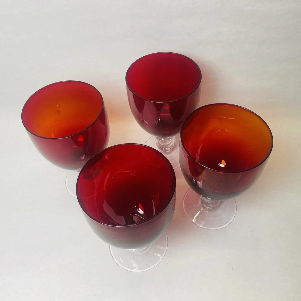 Ruby Red Wine Goblets Clear‎ Stems And Base Drinking Glasses Set of 4 Gothic